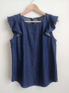J Crew 100% cotton size 4 blue denim jean short flutter sleeve ruffle top blouse